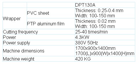 DPT-130A Blister packing machine parameter